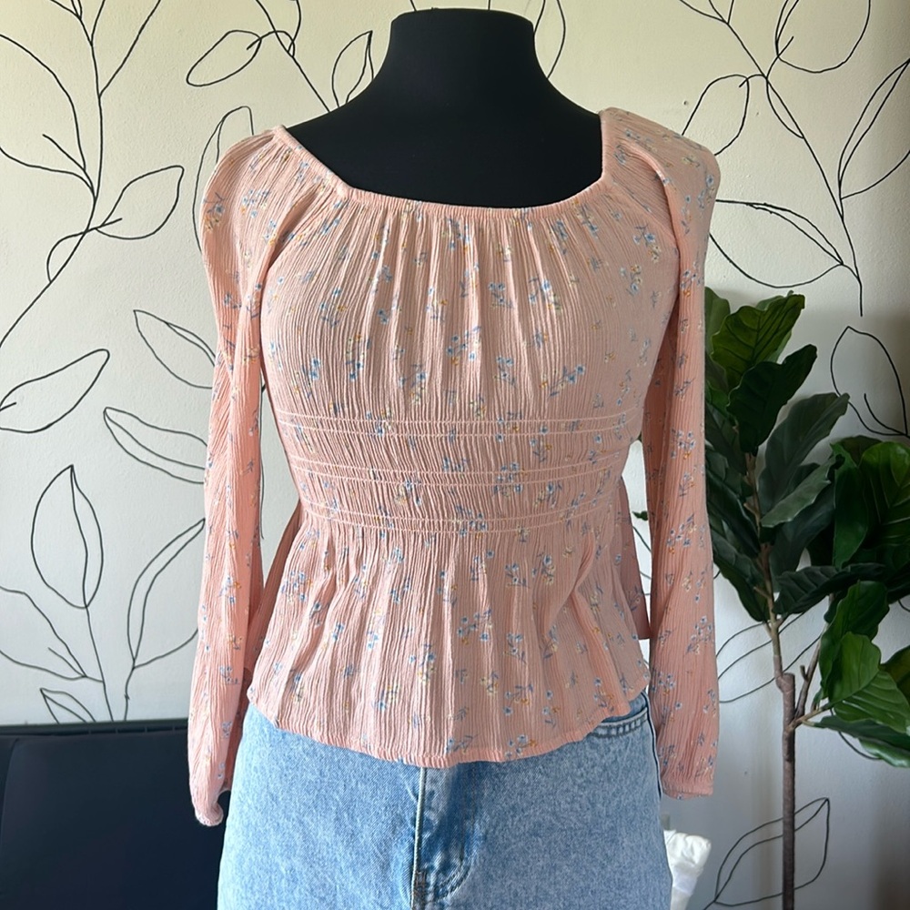 Peach Floral Square Neck Long Sleeve Shirt